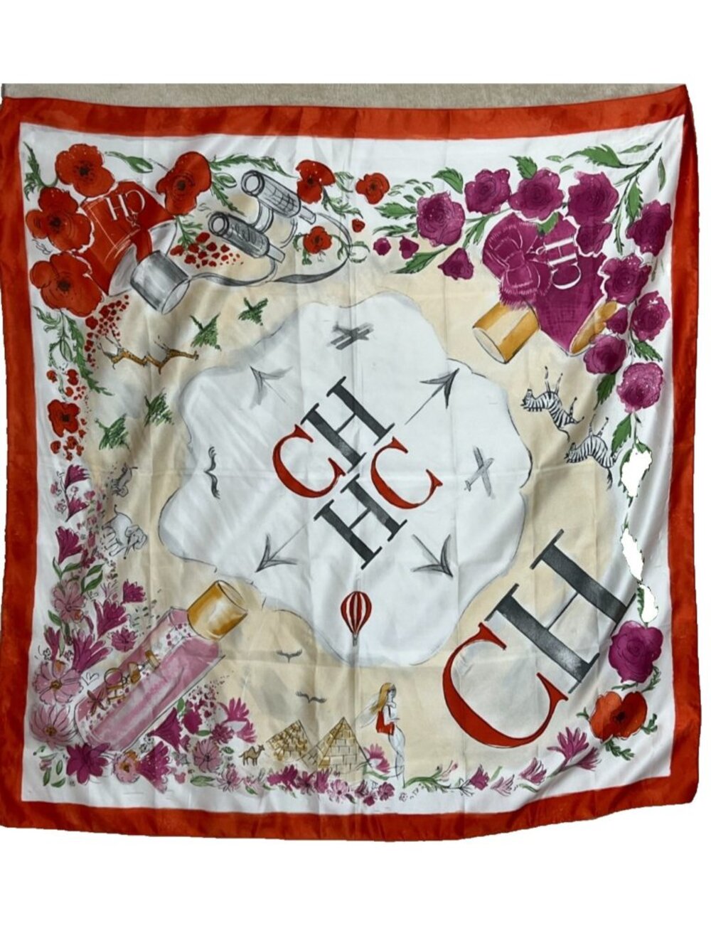 Carolina Herrera CH  Fragrance Floral Pattern Scarf Polyester Red Orange 34 x 34